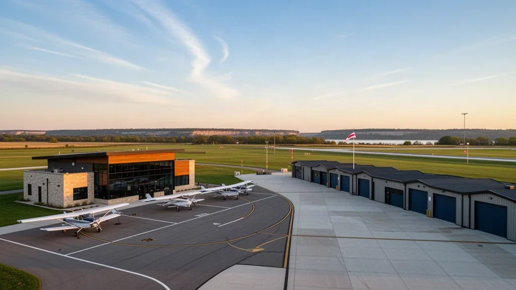 Pequeña terminal de aviación general, hangares y aeronaves ligeras estacionadas en la plataforma del Aeropuerto Municipal de Muscatine en Iowa durante la hora dorada