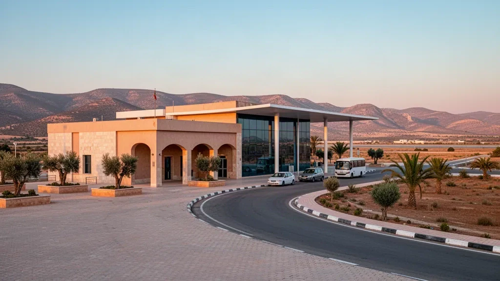 Modernes Terminalgebäude und Vorfahrtspur am Flughafen Ghriss bei Mascara, Algerien, in warmem Licht der goldenen Stunde
