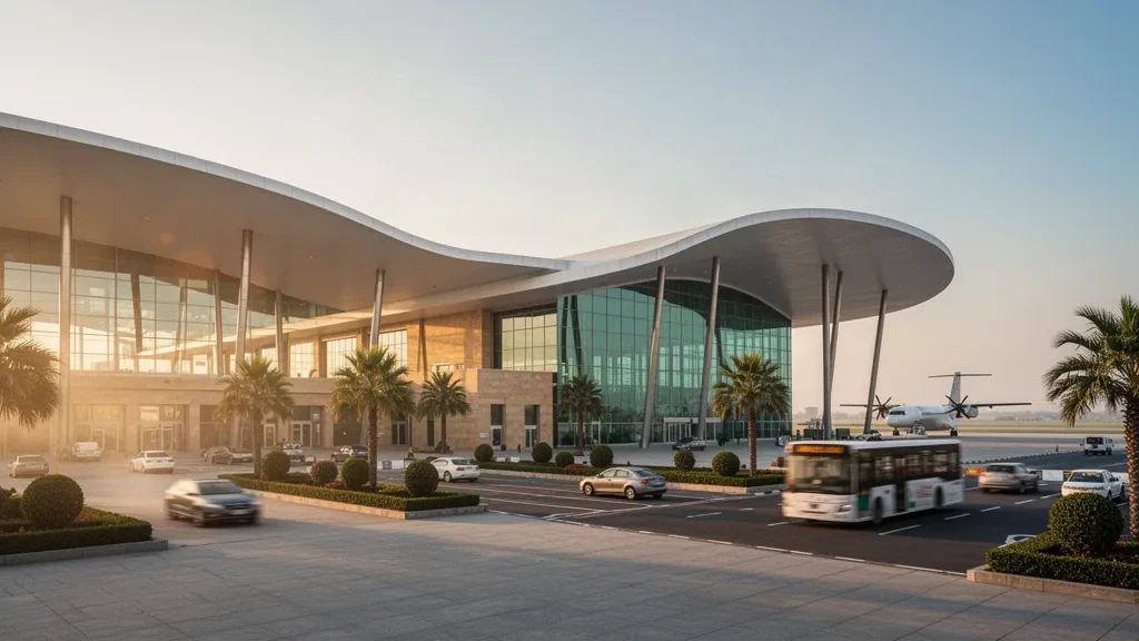 Terminal moderne en verre et voie de dépose en bordure de trottoir à l'aéroport international de Multan dans une chaude lumière dorée