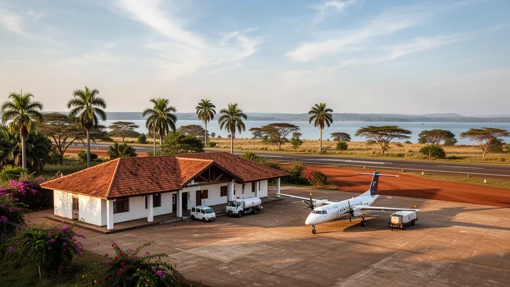 Small regional terminal and apron at Musoma Airport in Tanzania beside Lake Victoria, captured at golden hour with a parked turboprop.
