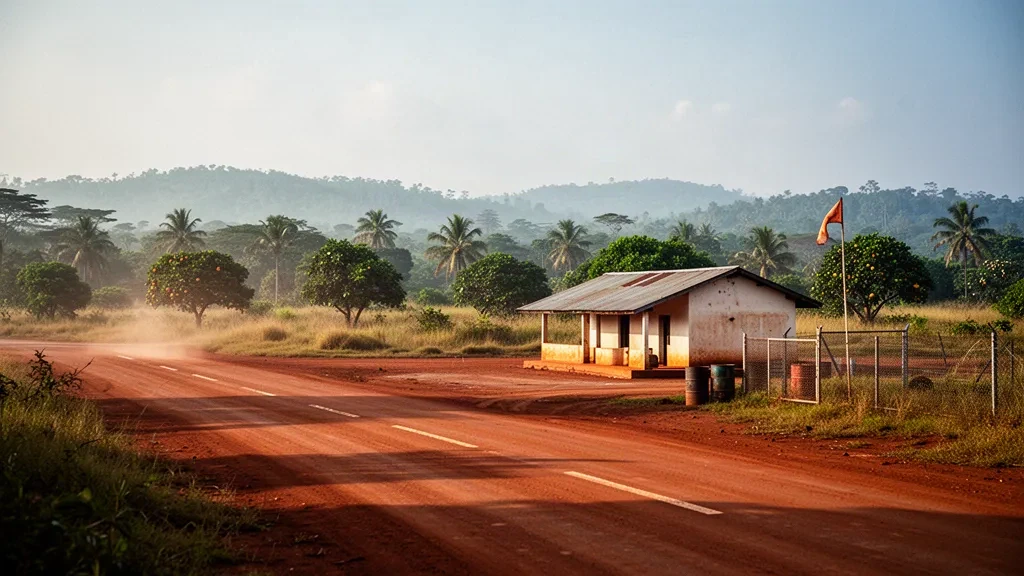 Pista rural de laterita y pequeña terminal en el Aeropuerto de Mouyondzi, en Bouenza, República del Congo, bajo una cálida luz de tarde