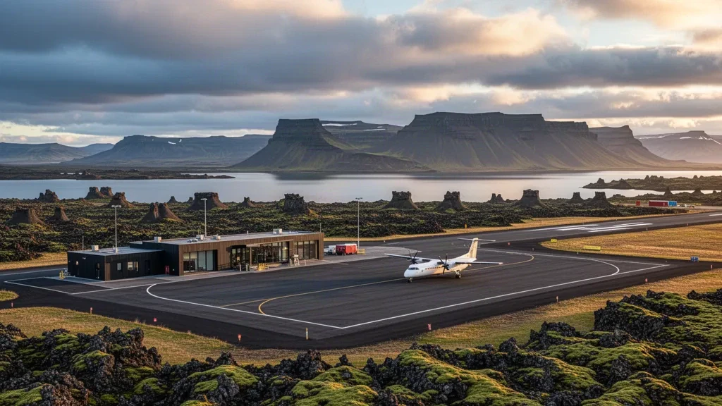 Pequeña terminal aeroportuaria nórdica y pista junto al lago Mývatn en Islandia, rodeada de campos de lava volcánica y montañas lejanas en la hora dorada