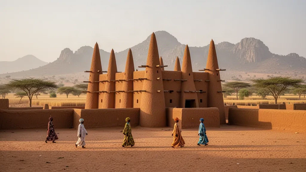 Kamerun'un Uzak Kuzey Bölgesi'nde altın saatte Maroua Ulu Camii, Sudano-Sahel kerpiç kuleleri ve ötesinde Sahel savanası