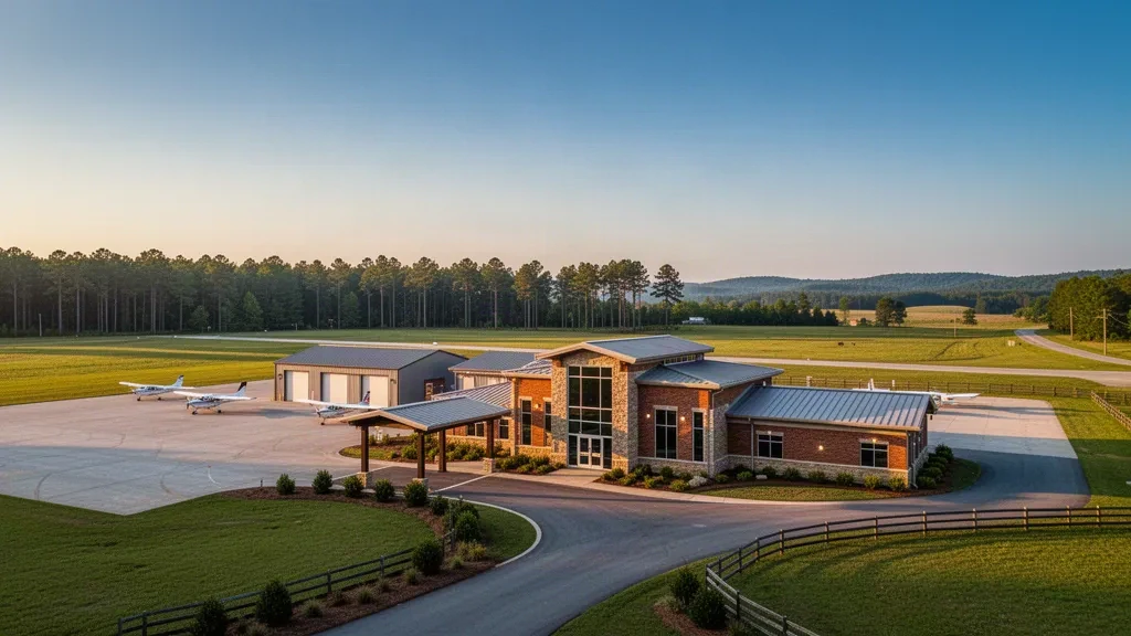 Blick zur goldenen Stunde auf den Flughafen Monroe County Aeroplex in Alabama mit seinem niedrigen Terminalgebäude, Vorfeld und Leichtflugzeugen