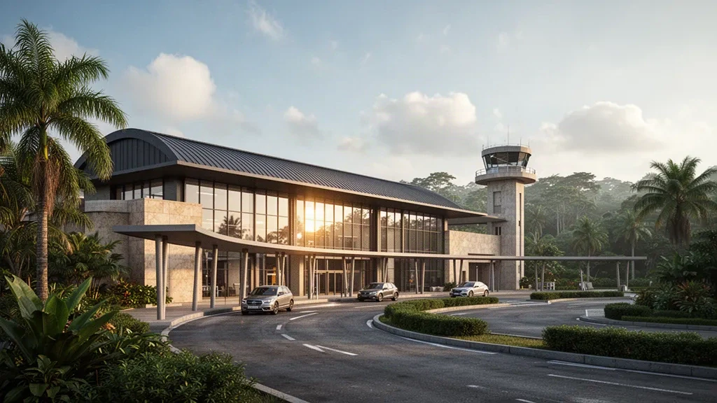 Außenansicht des modernen Terminals und der Vorfahrts- und Abholspur am internationalen Flughafen M'Vengue El Hadj Omar Bongo Ondimba in Franceville, Gabun