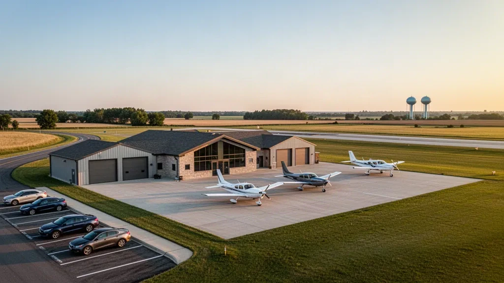 Small general aviation terminal and hangars at Montevideo-Chippewa County Airport in rural Minnesota at golden hour