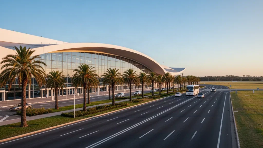 Exterior de terminal con vidrio curvo y camino de acceso flanqueado por palmeras en el Aeropuerto Internacional de Carrasco en Montevideo durante la hora dorada