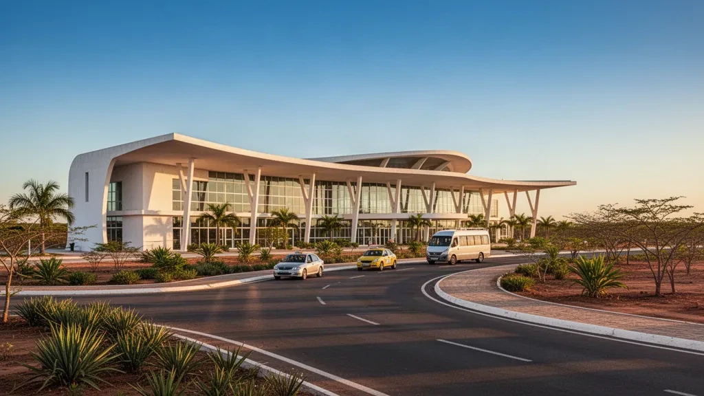 Sunlit terminal facade and kerbside drop-off lane at Dix-Sept Rosado Airport in Mossoró, Brazil, under a clear sky