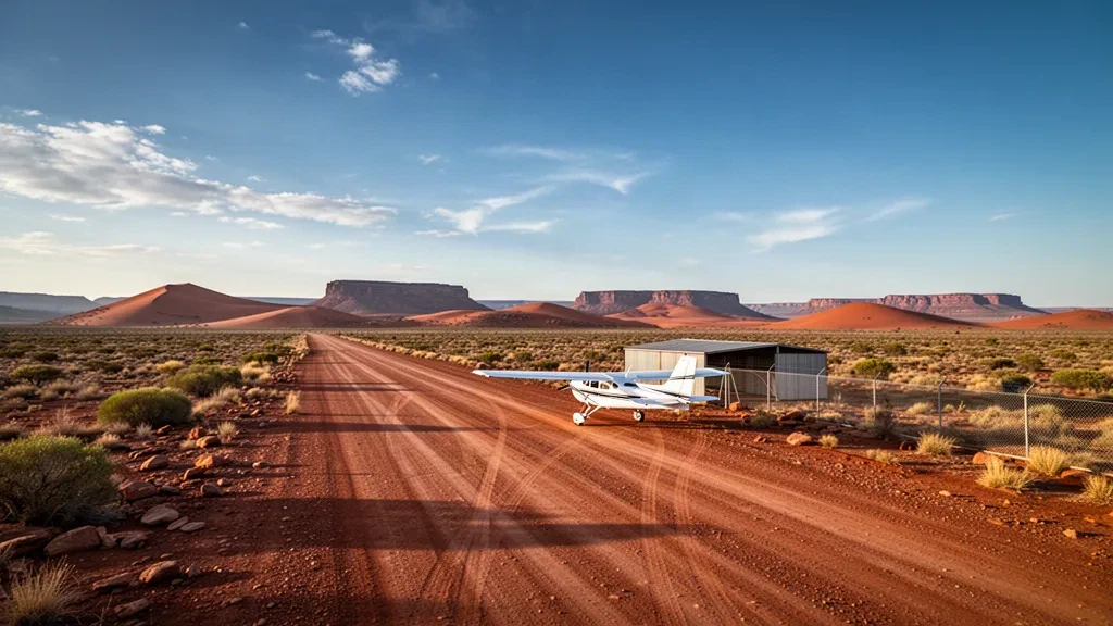 Pista remota del outback en el Aeropuerto de Mulka, en Australia Meridional, con llanuras desérticas rojas, matorrales dispersos y un cielo despejado de hora dorada