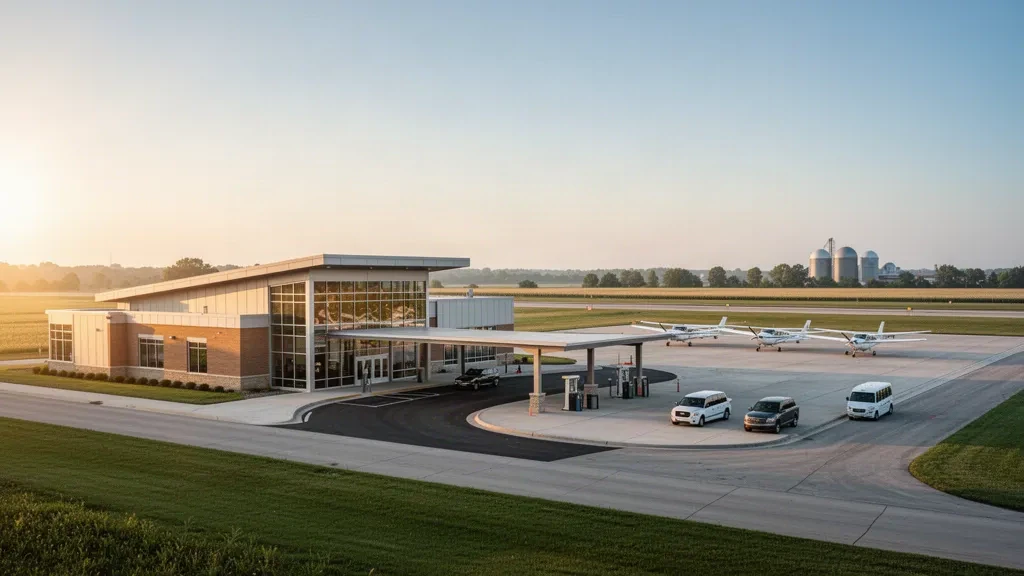 Modern terminal and aircraft apron at Mount Vernon Outland Airport in Illinois during warm golden-hour light