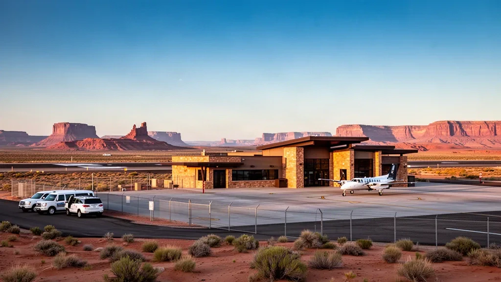 Terminal et piste de l'aéroport de Kayenta dans le désert de l'Arizona, sous les mesas de grès rouge près de Monument Valley