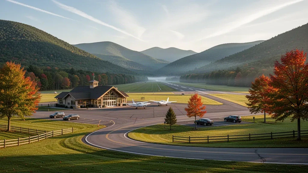 Pequeña terminal de aviación general y pista respaldada por montañas en el aeropuerto estatal Morrisville-Stowe, Vermont, en un claro día de otoño