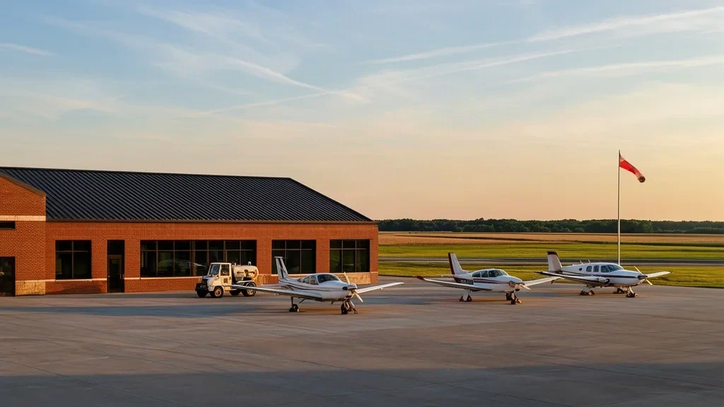 General aviation terminal and parked aircraft on the apron at Mount Vernon Outland Airport in Illinois under warm afternoon light