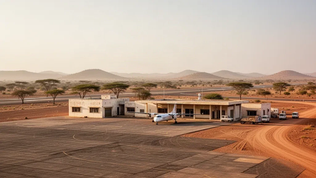Çad'daki Mongo Havalimanı'nda sıcak Sahel gün ışığı altında küçük bölgesel terminal ve tozlu apron