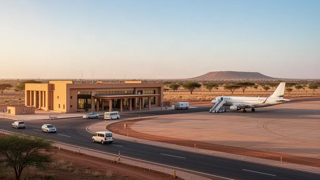 Vue à l'heure dorée de l'aéroport de Salak près de Maroua, au Cameroun, avec un terminal de faible hauteur, une aire de trafic pavée et des avions stationnés face à la savane sahélienne.