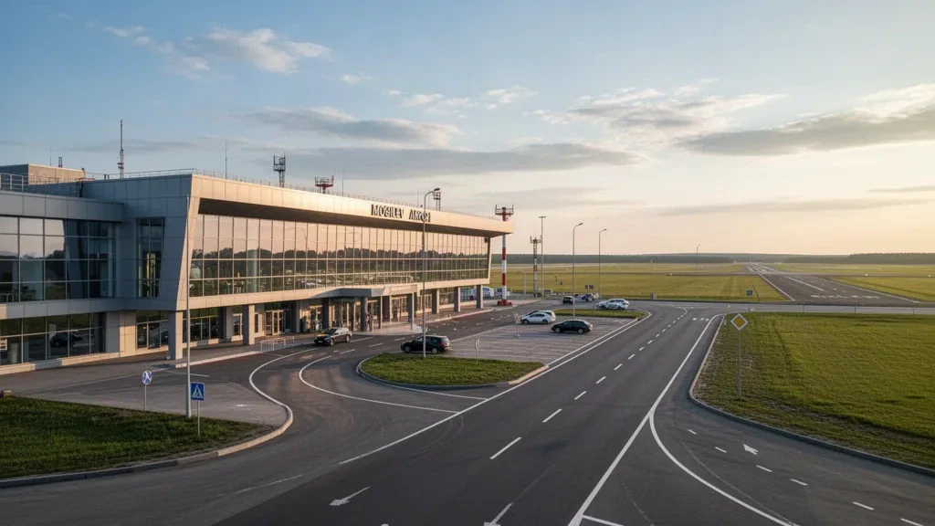 Esterno moderno del terminal dell'Aeroporto di Mogilev in Bielorussia con facciata in vetro, strada d'accesso e morbida luce dell'ora d'oro.
