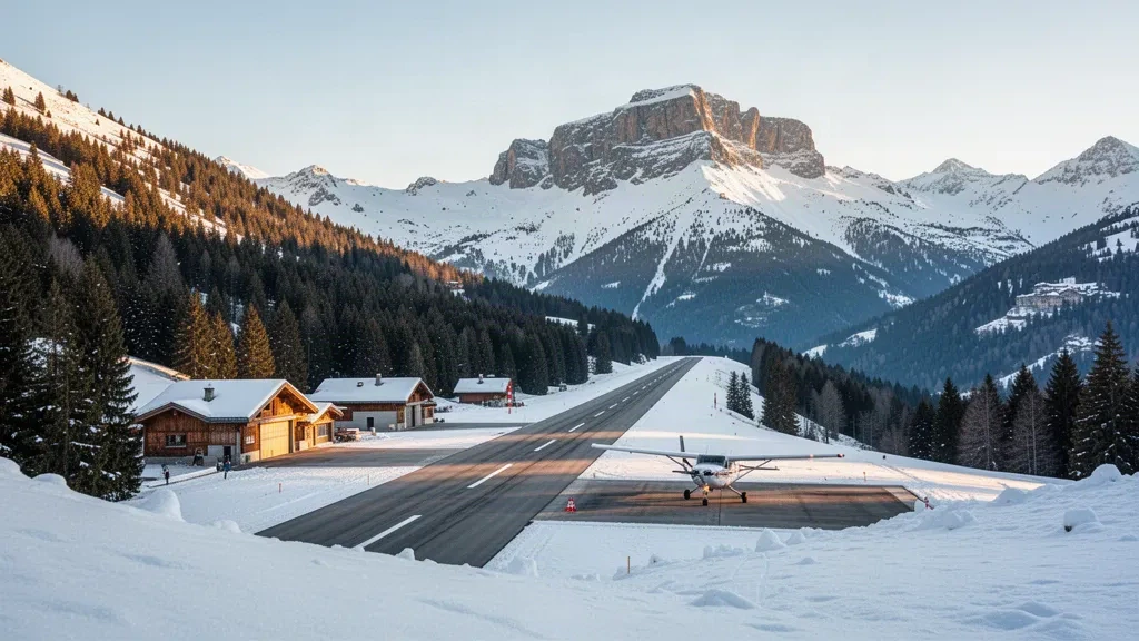 Small light aircraft on the sloping snowy runway of Megève Altiport, framed by pine forest and Alpine peaks in winter