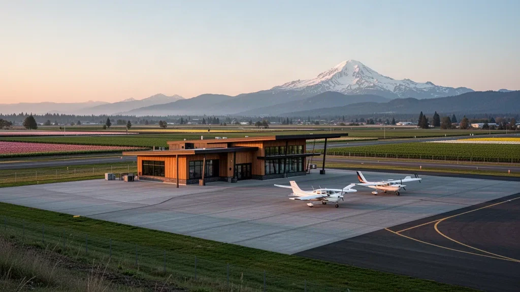 Skagit Regional Havalimanı terminali ve hafif uçakların bulunduğu apron, Skagit Vadisi tarım arazileri ve yumuşak Pasifik Kuzeybatısı ışığı altında Mount Baker