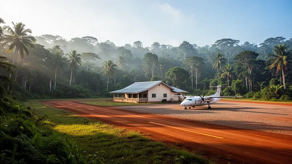 Gabon'daki Minvoul Havaalanı'nda sıcak öğleden sonra ışığında pistin yanında park etmiş küçük bir uçakla çevrili küçük yağmur ormanı pisti