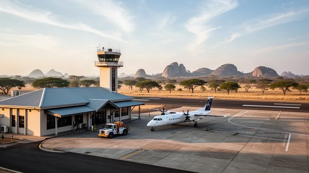 Masvingo International Airport terminal and apron in Zimbabwe with a regional aircraft under warm late-afternoon light