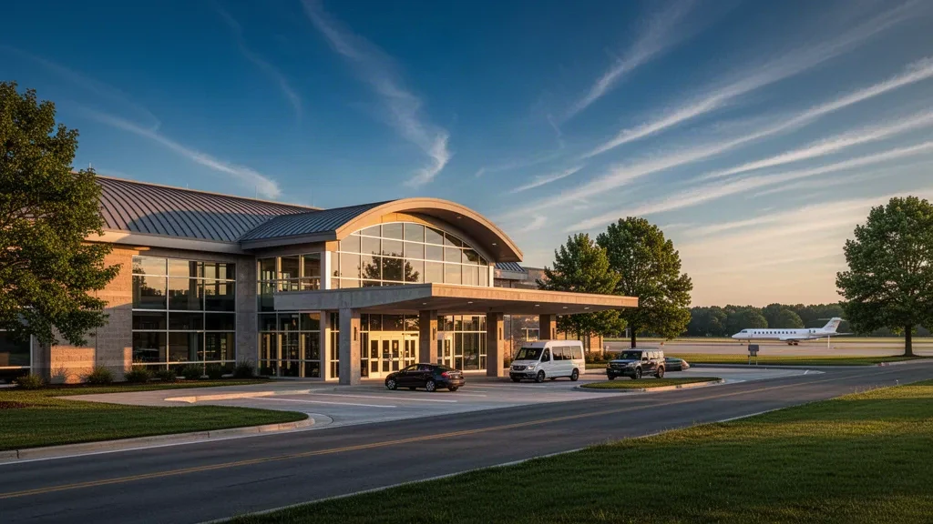 Modernes Glas-Terminal und Vorfahrspuren am Straßenrand am Veterans Airport of Southern Illinois in Marion zur goldenen Stunde