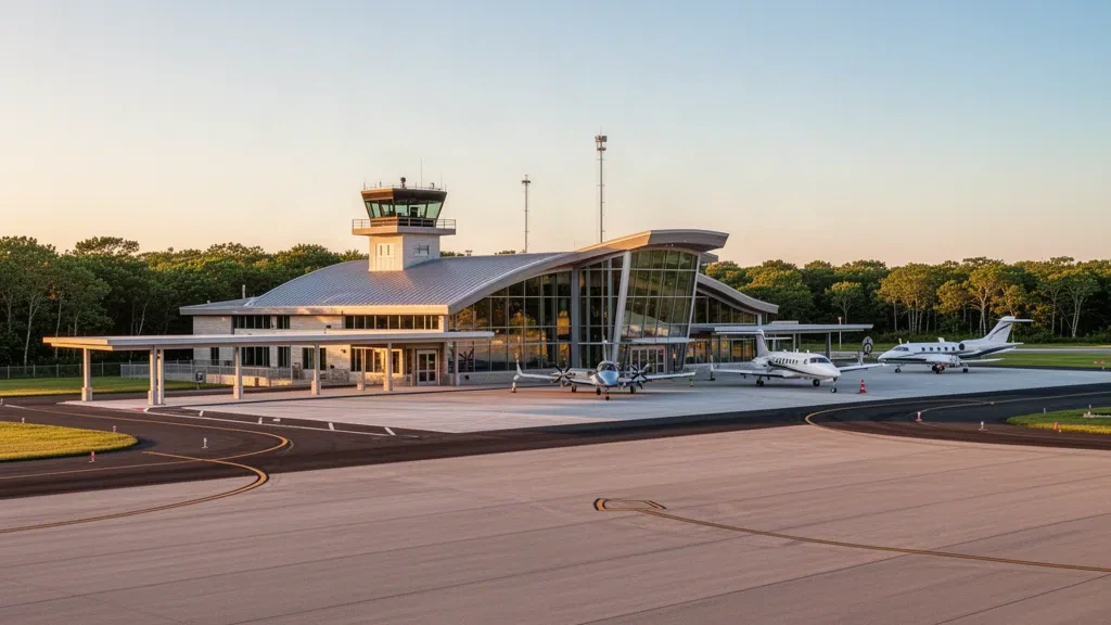 Edificio de terminal moderno en el Aeropuerto de Martha's Vineyard con jets privados en la pista, rodeado de árboles durante la hora dorada.