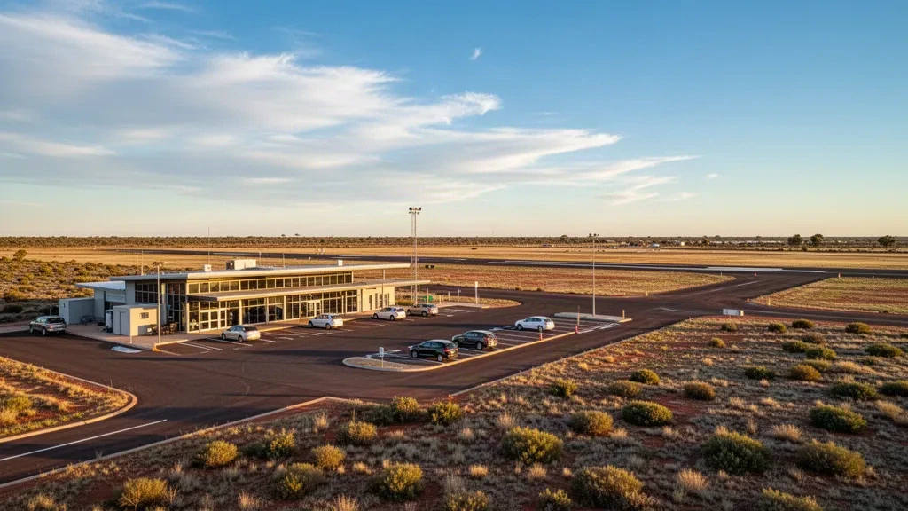 Vista amplia del aeropuerto de Morawa, en Australia Occidental, que muestra el edificio de la terminal, la zona de descenso de pasajeros y la pista bajo la luz de la hora dorada.
