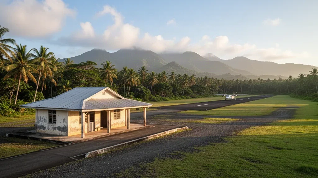 Kleine tropische Landebahn und offenes Terminal am Maewo-Naone Flughafen auf der Insel Maewo, Vanuatu, in warmem pazifischem Insellicht.
