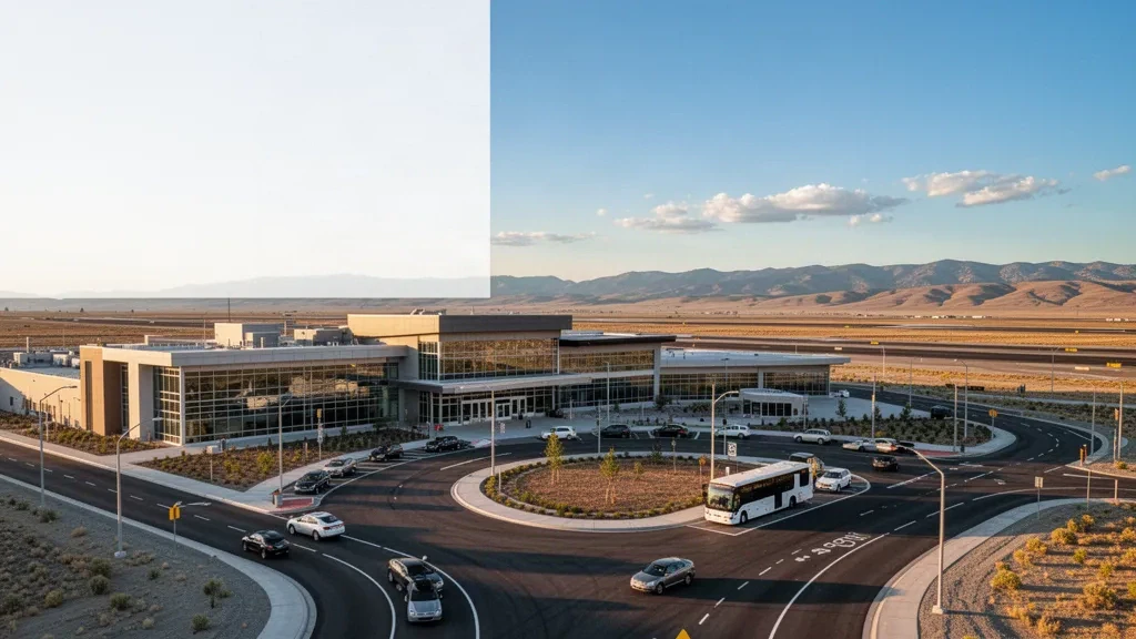 Modernes Terminalgebäude und Vorfahrtbereich am Grant County International Airport in Moses Lake, Washington, zur goldenen Stunde.