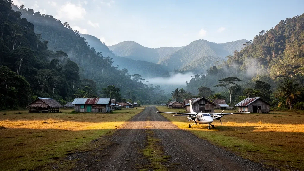 Pista de aterrizaje de césped remota en el aeropuerto de Marawaka, en las tierras altas orientales de Papúa Nueva Guinea, rodeada de montañas boscosas cubiertas de niebla al amanecer