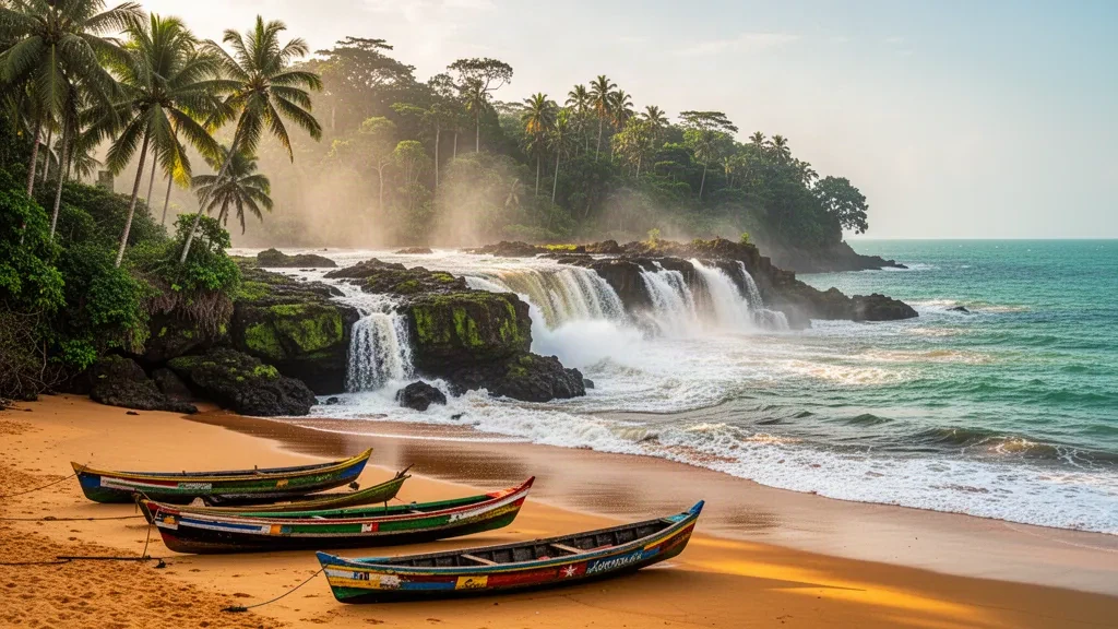 Lobé Falls cascading onto the Atlantic beach beside Kribi in Cameroon's South Region, framed by palms and fishing canoes
