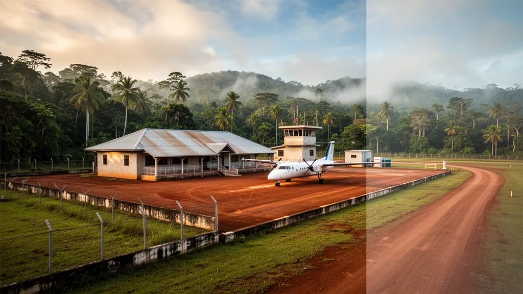 Small tropical airstrip terminal and red laterite apron at Matthews Ridge Airport in Guyana, surrounded by dense rainforest