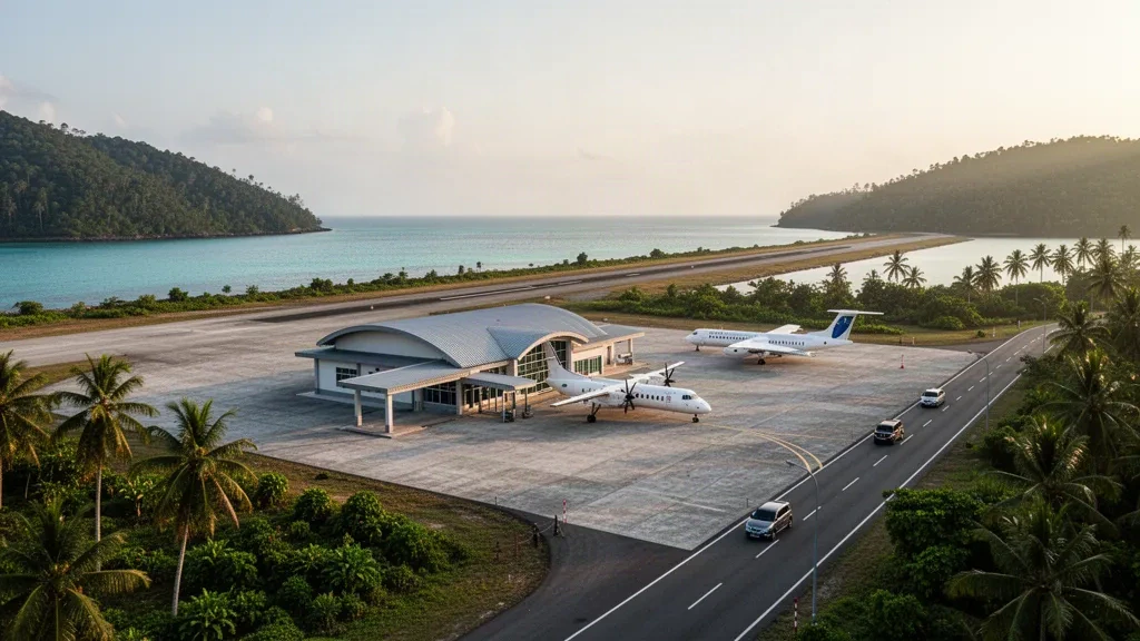 Tropical island terminal and runway at Matak Airport in Indonesia's Anambas Islands, framed by sea, palms and green hills at golden hour