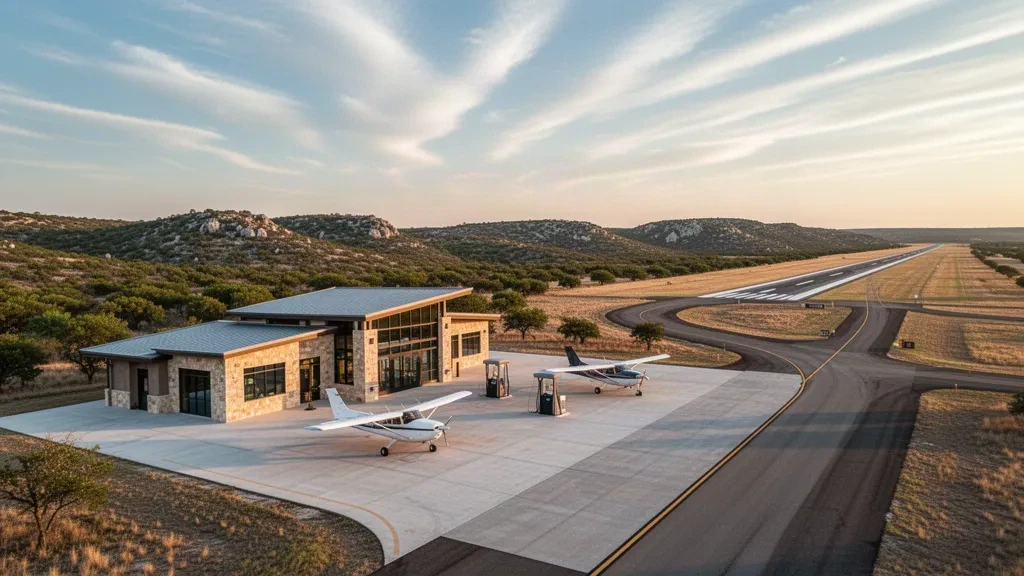 Texas'taki Mineral Wells Regional Airport'ta modern terminal ve apron; hafif uçaklar, uzun bir pist ve altın rengi akşam ışığında dalgalı tepeler.
