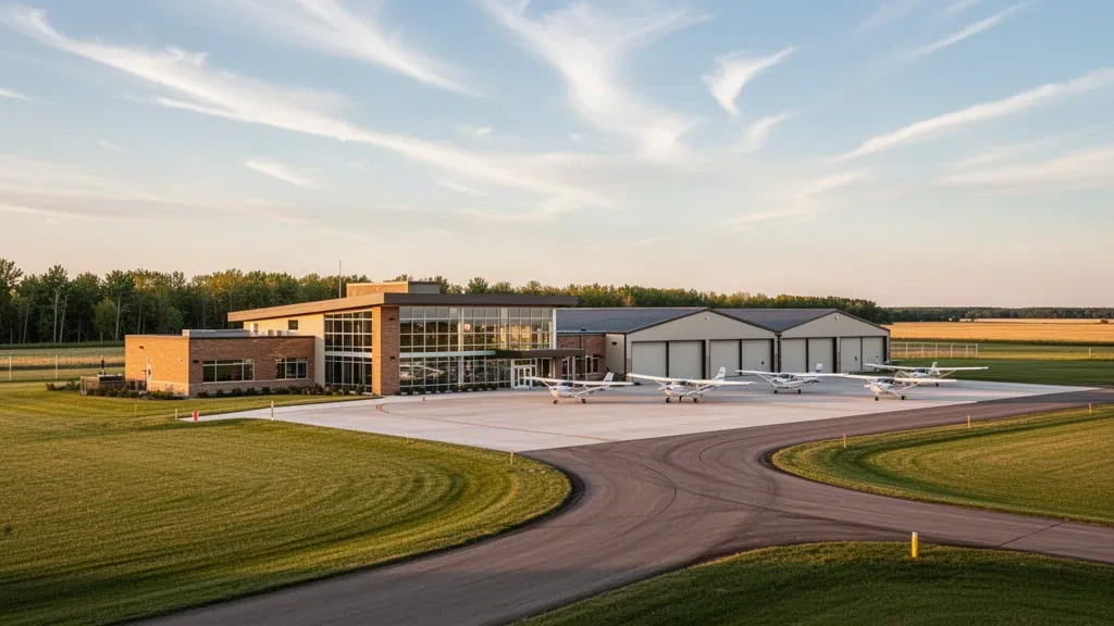 Minnesota'daki Windom Municipal Havaalanı'nda altın rengi bozkır gökyüzü altındaki küçük genel havacılık terminali ve apronu