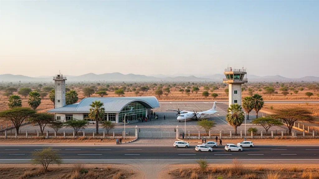 Terminal de poca altura y plataforma en el Aeropuerto de Magway, en las llanuras secas del centro de Myanmar, bajo la cálida luz del final de la tarde