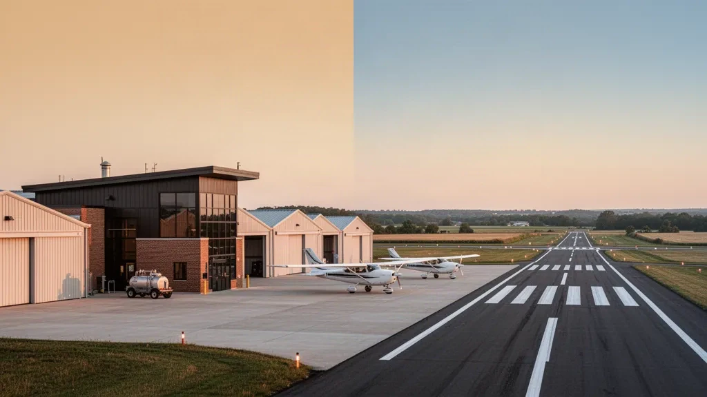 Veduta all'ora d'oro di un piccolo aeroporto regionale dell'Ohio con terminal in mattoni, hangar, piazzale in cemento e un aereo leggero accanto alla pista