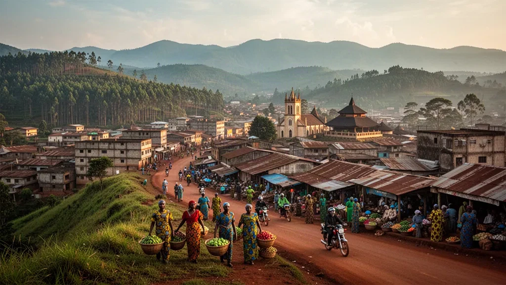 Kamerun'un Kuzeybatı Bölgesi'nin başkenti Bamenda'yı çevreleyen yeşil yayla tepeleri, teneke çatılı evler ve sıcak öğleden sonra ışığında hareketli bir pazar