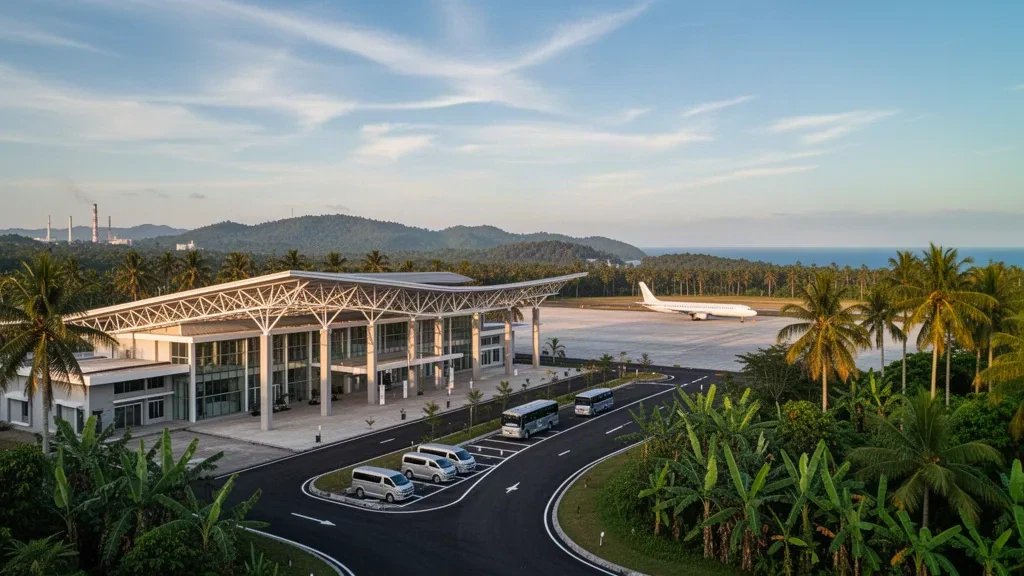 Modern glass terminal and apron at Morowali Industrial Park Airport in Central Sulawesi, framed by tropical hills at golden hour