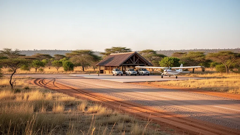 Pista in ghiaia, terminal aperto con tetto in paglia e aerei leggeri parcheggiati alla pista dell'aeroporto di Motswari nella boscaglia del Timbavati, Sudafrica