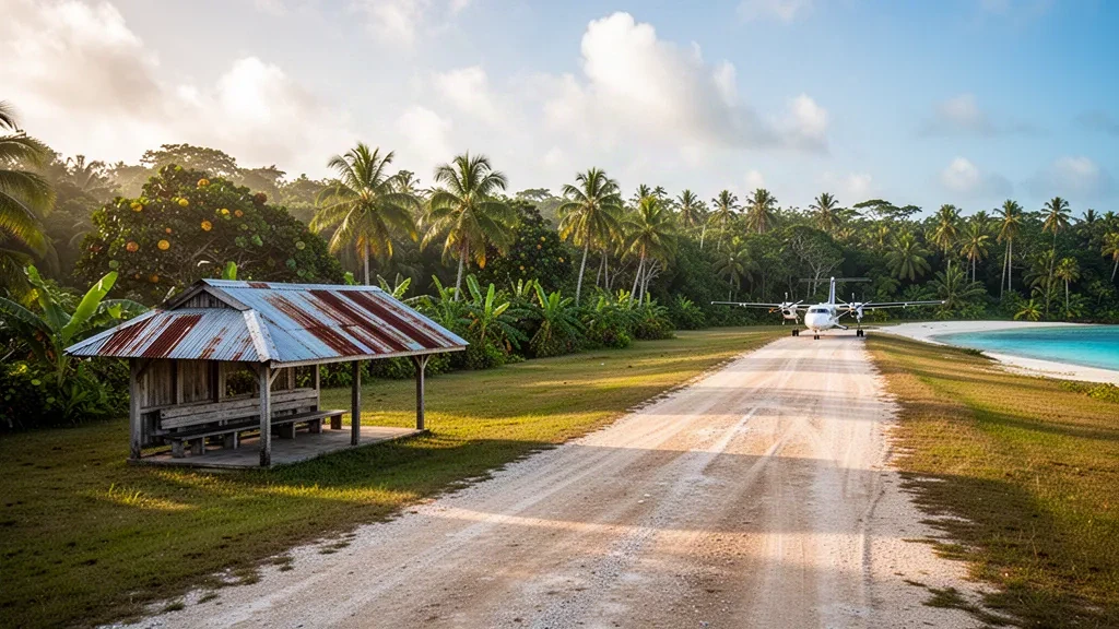 Gras- und Korallenlandebahn mit einem kleinen offenen Unterstand am Flughafen Mussau Island in Papua-Neuguinea, umrahmt von tropischem Regenwald