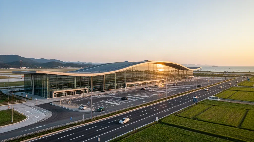 Modern glass terminal at Muan International Airport in South Korea during golden hour, with clean drop-off lanes and distant green hills.