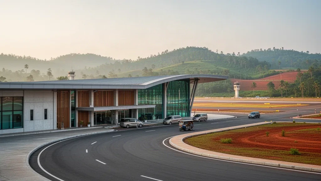 Kamboçya'daki Mondulkiri Havalimanı'nda yumuşak sabah ışığında yeşil yayla tepeleriyle çevrili modern cam terminal ve yolcu indirme şeridi