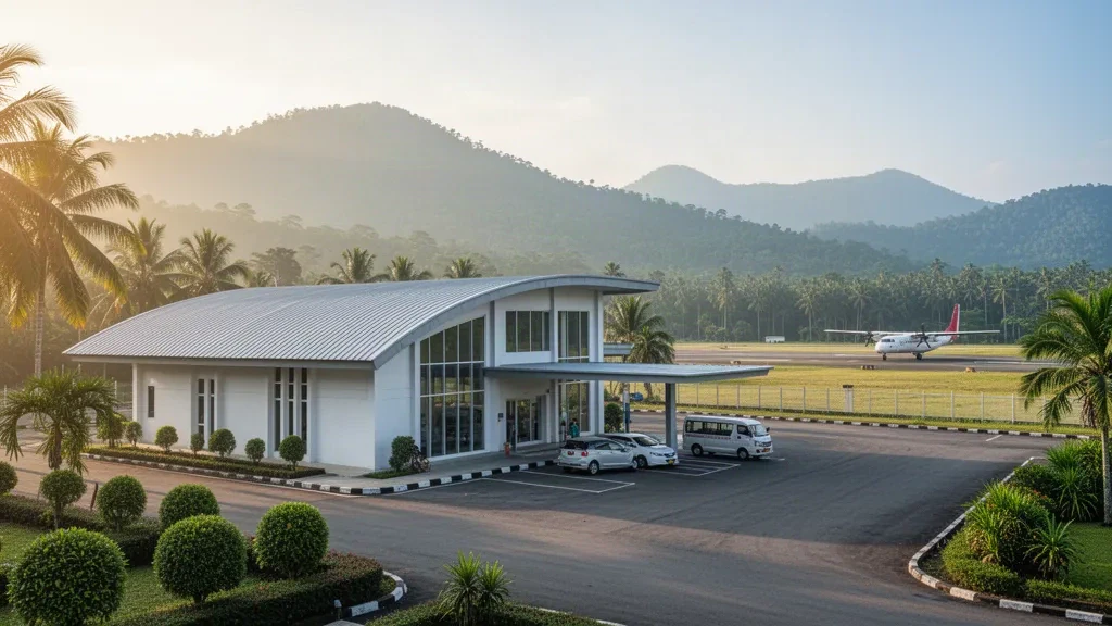 Single-story terminal and palm-lined drop-off lane at Andi Jemma Airport in Masamba, North Luwu, with green mountains behind.