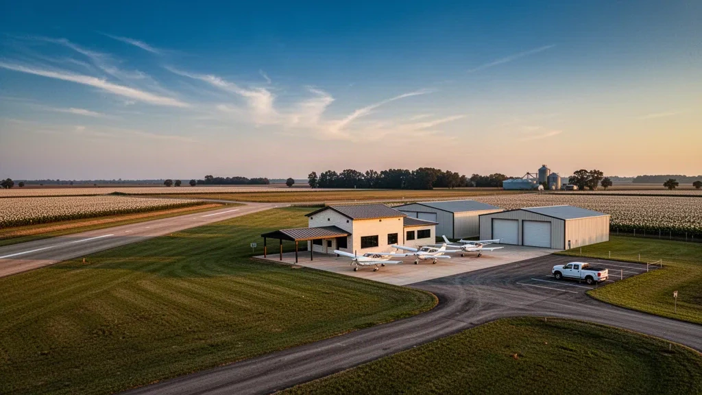 Petit terminal d'aviation générale, hangars et piste unique à l'aéroport municipal de Manila dans l'Arkansas à l'heure dorée
