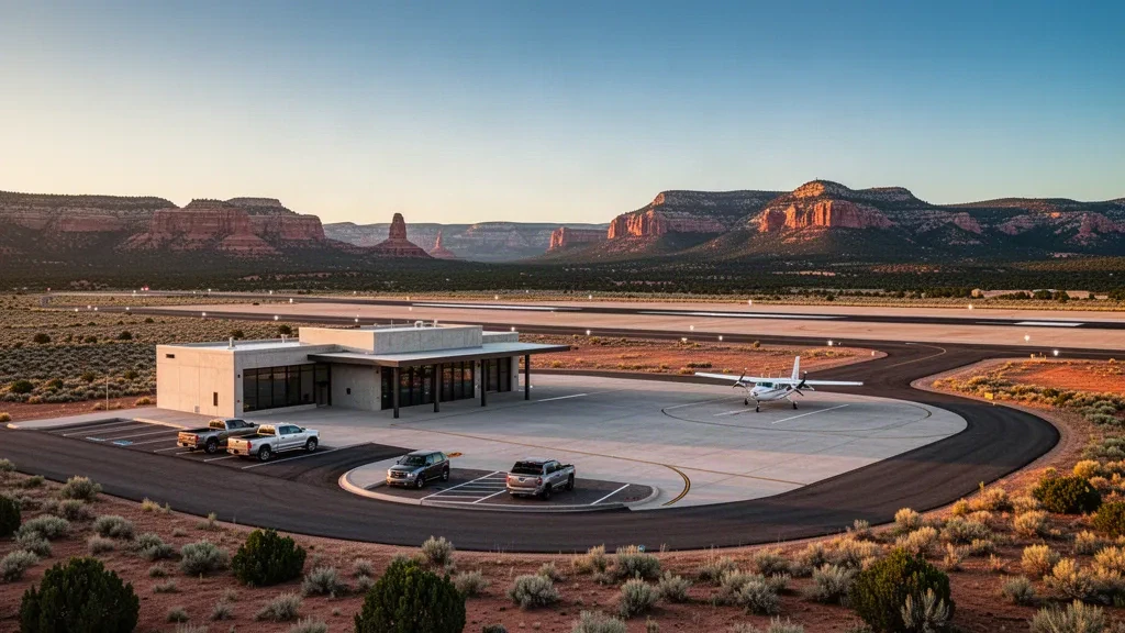Monticello Airport in Utah's high desert, with a small terminal, apron and runway framed by red rock mesas at golden hour.