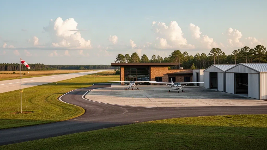 Low terminal building and light aircraft on the apron at Laurinburg-Maxton Airport in North Carolina at golden hour