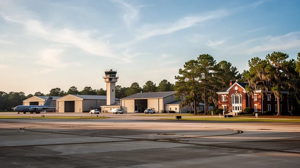 Golden-hour view of Maxwell Air Force Base airfield in Montgomery, Alabama, with hangars, apron and control tower