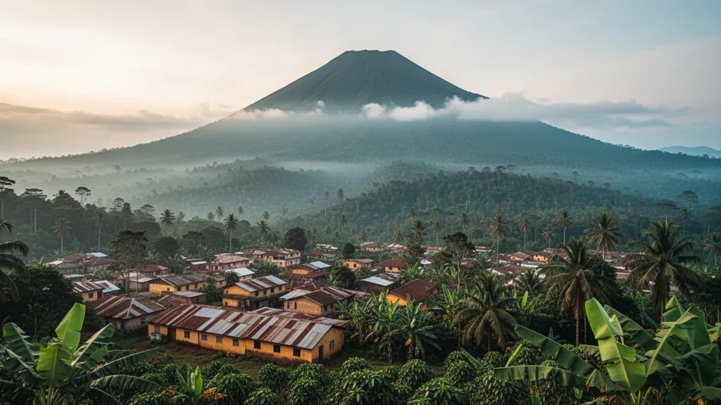 Buea town rooftops and green rainforest slopes beneath the misty peak of Mount Cameroon in Cameroon's Southwest Region