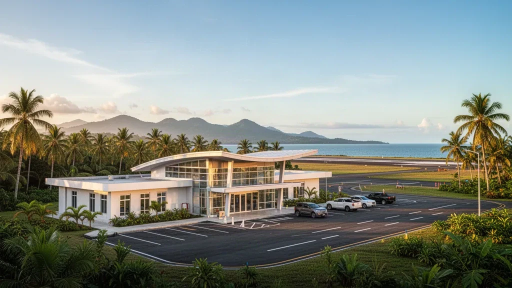 Modern terminal exterior at Mati National Airport in Davao Oriental, Philippines, framed by tropical greenery and golden hour light.